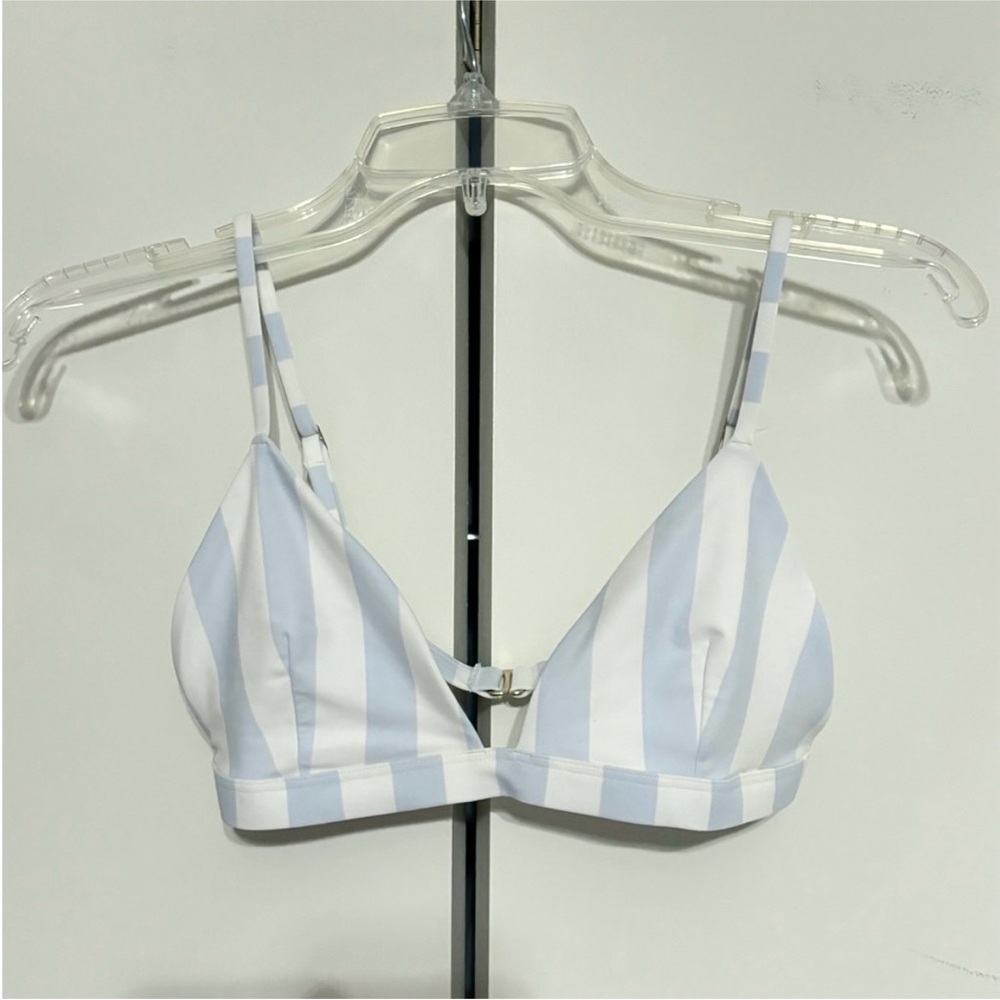 Hollister Light Blue and White Striped triangle swim bikini top, pool and beach